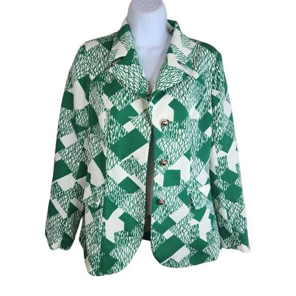 Vintage Groovy 70s Double Knit Polyester Jacket Green White M Gold Buttons - Picture 1 of 11